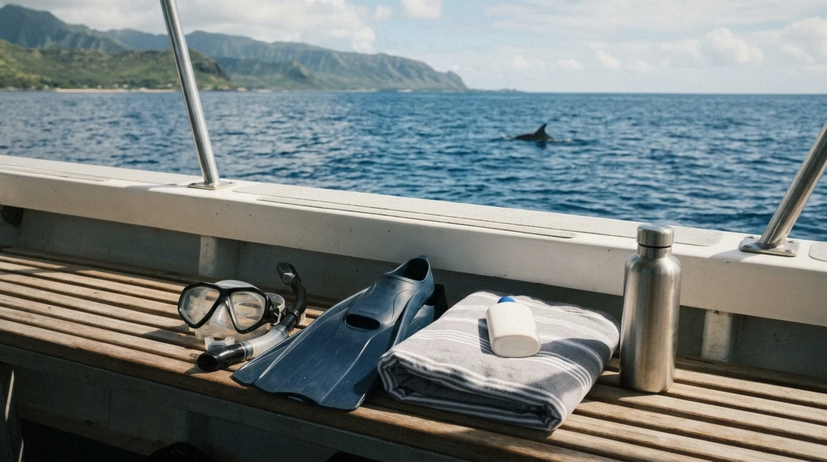 A packed dry bag, reef-safe sunscreen and a towel laid out before boarding an Oahu dolphin tour boat at Waianae Small Boat Harbor