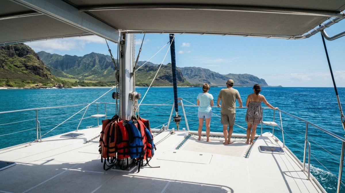 Shaded catamaran deck on a calm morning Oahu dolphin tour, the easiest ride for queasy travellers