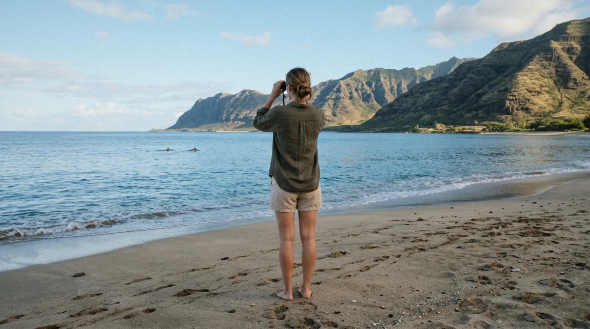 A traveler scanning the water with binoculars from a quiet west Oahu shoreline lookout, the free way to try an Oahu dolphin tour before booking a boat