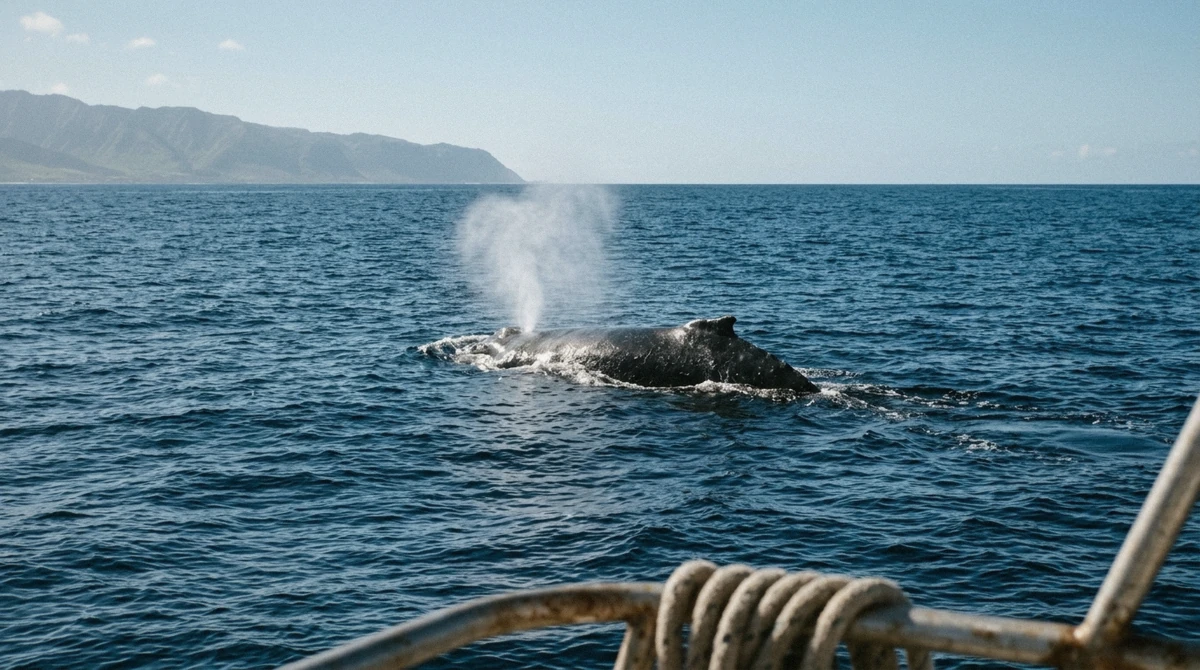 Humpback whale blow off west Oahu in winter, a seasonal sighting on an Oahu dolphin tour
