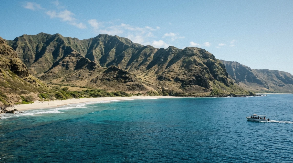 The Makua stretch of the Waianae coast where resting spinner pods pass within sight of the beach on Oahu