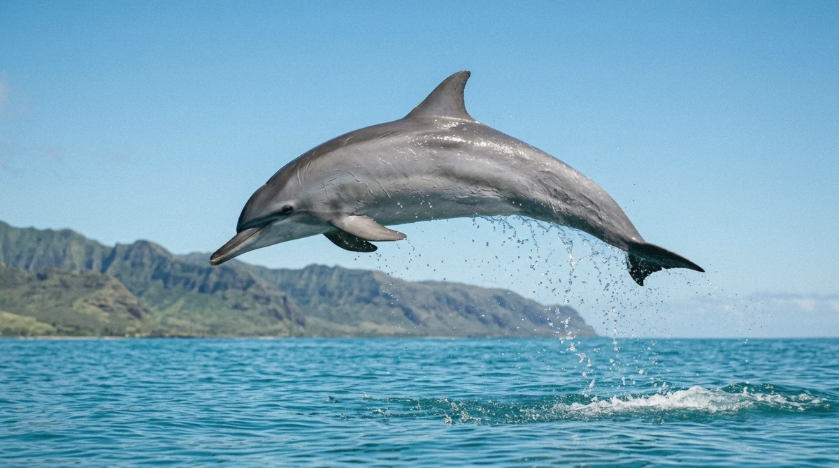 A Hawaiian spinner dolphin arcing clear of the water off the Waianae coast, one of the dolphin species in Hawaii seen on an Oahu dolphin tour