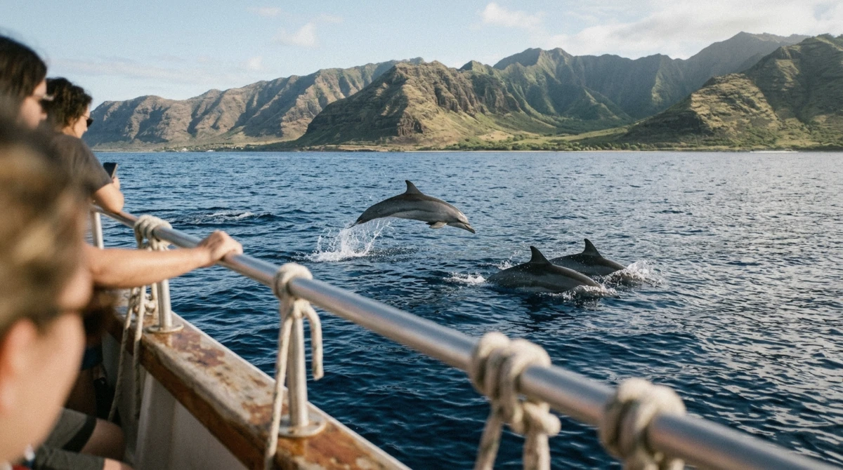 Spinner dolphins surfacing beside a boat on an Oahu dolphin tour off the Waianae coast, Hawaii