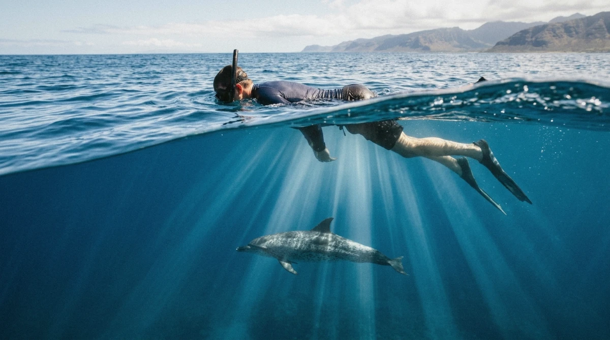 A snorkeler floating face down near a spotted dolphin underwater on a swim with dolphins Oahu boat trip off Waianae