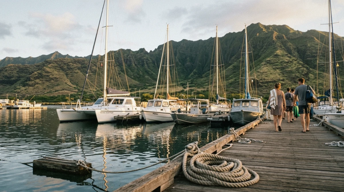 Tour boats at Waianae Small Boat Harbor before a morning Oahu dolphin tour departure, west Oahu, Hawaii