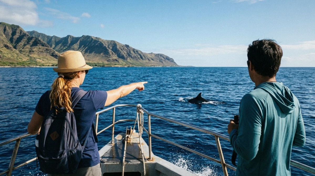 Snorkelers in the open ocean off Waianae watching a pod on an Oahu dolphin tour, the mid-trip moment that decides whether the day was worth it